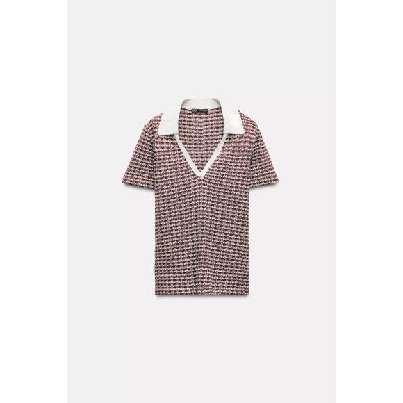 ZARA BURGUNDY WHITE JACQUARD POLO SHIRT, SIZE: S, LIKE NEW - Picture 1 of 4